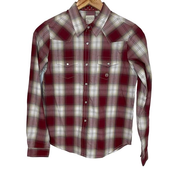 Roper Plaid Button Up XL Girls Red White Pearl Snap Rodeo Western Collared - Picture 1 of 5